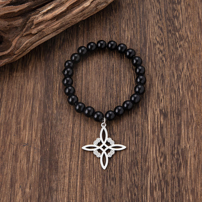 Stainless Steel Witch Irish Knot Charm Beaded Bracelet Black Celtic Knot Elastic Bracelets